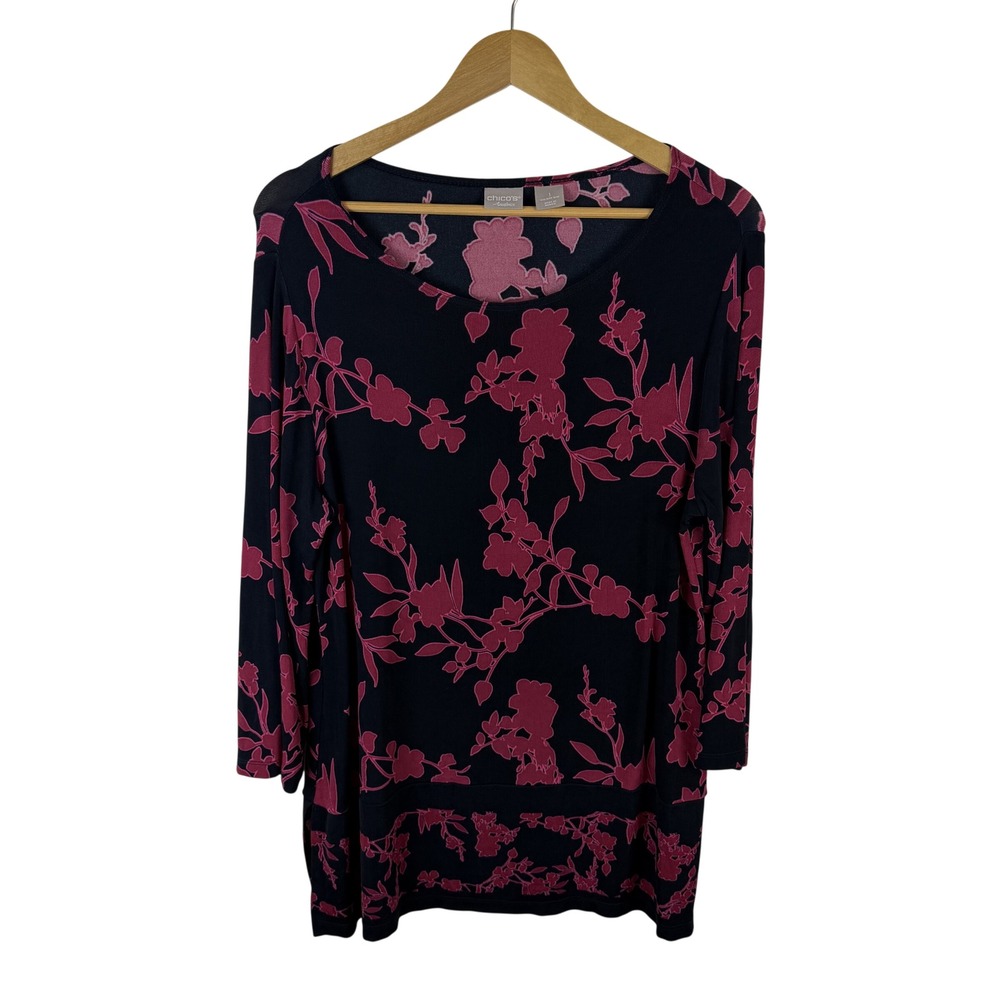 Chicos Travelers Floral Tunic Top Size 1 US 8/10 Slinky Knit Stretch Artsy